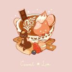  artist_name blueberry bow bowtie cat chocolate chocolate_bar coffee cup english_text food fruit heart latte_art nadia_kim no_humans original pink_background simple_background sitting sparkle star strawberry 
