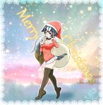  1girl absurdres black_hair boots christmas dated empty_eyes eyebrows_visible_through_hair finger_to_mouth full_body great_auk_(kemono_friends) hat highres holding holding_sack impossible_clothes kemono_friends long_hair long_sleeves looking_at_viewer merry_christmas miniskirt nokemono-san_(bocchi_friend) one_eye_closed sack santa_costume santa_hat signature skirt solo sparkle_background spotted_hair tail thigh-highs thigh_boots very_long_hair violet_eyes white_skirt 