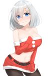  1girl bare_shoulders belt black_legwear blue_eyes breasts christmas collarbone commentary_request cowboy_shot crying crying_with_eyes_open elbow_gloves fingerless_gloves fur-trimmed_gloves fur_trim gloves hair_ornament hairclip hamakaze_(kantai_collection) hand_on_own_chest highres kantai_collection large_breasts light_blush looking_at_viewer navel pantyhose red_gloves sakikumo_(sakumo) santa_costume short_hair silver_hair simple_background solo stomach strapless tears white_background 