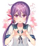  1girl akebono_(kantai_collection) bangs bell blush breasts commentary_request eyebrows_visible_through_hair fang flower hair_bell hair_between_eyes hair_flower hair_ornament heart heart_hands jingle_bell kantai_collection long_hair looking_at_viewer open_mouth purple_hair school_uniform serafuku side_ponytail simple_background sleeve_cuffs small_breasts solo standing sweatdrop takei_ooki violet_eyes 