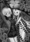  2girls abigail_williams_(fate/grand_order) ahoge arm_up bangs blurry blurry_background blush bow closed_mouth commentary_request depth_of_field dress eyebrows_visible_through_hair fate/grand_order fate_(series) fur-trimmed_jacket fur_trim greyscale hat hat_bow head_tilt jacket jeanne_d&#039;arc_(alter)_(fate) jeanne_d&#039;arc_(fate)_(all) long_hair monochrome multiple_girls nenosame nose_blush open_clothes open_jacket panties parted_bangs parted_lips polka_dot polka_dot_bow revealing_clothes short_dress smile suction_cups tentacle underwear very_long_hair wavy_mouth witch_hat yuri 