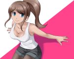  1girl asahina_aoi bangs black_shorts blue_eyes breasts brown_hair cleavage collarbone dangan_ronpa dangan_ronpa_1 eyebrows_visible_through_hair from_above kanataroh legwear_under_shorts long_hair medium_breasts pantyhose parted_bangs ponytail shiny shiny_hair short_shorts shorts sitting smile solo white_tank_top 