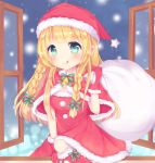  1girl :q arm_support bangs blonde_hair blush boots bow braid breasts capelet caramel_(caramelmilk) christmas cleavage commentary_request dress eyebrows_visible_through_hair fur-trimmed_boots fur-trimmed_capelet fur-trimmed_dress fur-trimmed_gloves fur-trimmed_hat fur_trim gloves green_bow green_eyes hair_bow hat holding holding_sack indoors knee_boots long_hair looking_at_viewer medium_breasts open_window original red_capelet red_dress red_footwear red_gloves red_hat sack santa_costume santa_hat side_braids snowing solo striped striped_bow tongue tongue_out twin_braids very_long_hair window 
