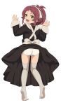  1girl :d absurdres aisha_greyrat alternate_costume apron ass back_bow bangs black_dress bow brown_hair commentary_request dbmaster dress enmaided fang from_behind full_body green_eyes hands_up head_scarf highres kneepits long_sleeves looking_at_viewer looking_back maid mushoku_tensei no_shoes panties ponytail simple_background sleeves_past_wrists smile soles solo standing thigh-highs tiptoes underwear white_apron white_background white_bow white_legwear white_panties 