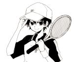  1boy adjusting_headwear anzu_(o6v6o) baseball_cap collared_shirt echizen_ryooma greyscale hair_between_eyes hat holding looking_at_viewer male_focus monochrome polo_shirt racket raglan_sleeves shirt short_sleeves smile solo sweatband tennis_no_ouji-sama tennis_racket upper_body 