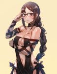  1girl arm_under_breasts bangs black_dress blush bow_(bhp) braid breasts brown_hair center_opening choker cleavage closed_mouth collarbone commentary_request consort_yu_(fate) dress earrings fate/grand_order fate_(series) glasses holding holding_eyewear jewelry long_hair looking_at_viewer medium_breasts navel red_eyes sidelocks single_braid solo 