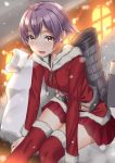  1girl :d antenna_hair arm_support bangs belt blurry blush breasts christmas coat collarbone commentary_request depth_of_field drawstring fur-trimmed_coat fur-trimmed_legwear fur-trimmed_sleeves fur_trim kantai_collection long_sleeves looking_at_viewer machinery miniskirt open_mouth outdoors pallad pleated_skirt purple_hair red_coat red_legwear red_skirt sack sailor_collar sailor_shirt sakawa_(kantai_collection) santa_costume shirt short_hair sidelocks sitting skirt small_breasts smile smokestack snowing solo tareme thigh-highs yellow_eyes zettai_ryouiki 