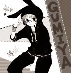  1boy animal_hood anzu_(o6v6o) between_legs bunny_hood character_name drawstring finger_to_head genderswap genderswap_(ftm) glasses greyscale gumiya hand_between_legs hood hood_up hoodie long_sleeves looking_at_viewer male_focus monochrome pants sitting smile solo star vocaloid wristband 
