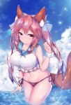  1girl animal_ear_fluff animal_ears bikini bikini_bottom black_bikini_bottom blue_bow blue_sailor_collar blue_sky bow breasts brown_eyes brown_hair closed_mouth clouds collarbone commentary_request crop_top day fate/grand_order fate_(series) fox_ears fox_girl fox_tail groin hair_bow hand_up highres large_breasts long_hair navel outdoors sailor_collar shirt side-tie_bikini sky sleeveless sleeveless_shirt smile solo swimsuit tail tail_raised tamamo_(fate)_(all) tamamo_no_mae_(fate) twintails twiska_(doubitian) very_long_hair wading water white_shirt wrist_cuffs 