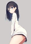  1girl arched_back ass bangs black_hair black_skirt blue_eyes blush closed_mouth commentary_request cowboy_shot eyebrows_visible_through_hair flat_chest from_side frown grey_background head_tilt highres long_hair long_sleeves looking_at_viewer looking_to_the_side megarisu miniskirt simple_background skirt solo ssss.gridman standing sweatdrop takarada_rikka thighs white_cardigan 
