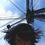  1girl absurdres black_eyes black_hair blue_sky commentary day english_commentary faiz_azhar floating_hair highres looking_at_viewer original outdoors peeking_out power_lines riva_isamu self_shot short_hair sky solo utility_pole 