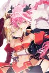  astolfo_(fate) bangs bare_shoulders beltbra black_ribbon blonde_hair braid breasts cape closed_mouth commentary_request detached_sleeves fang fate/apocrypha fate/grand_order fate_(series) fur_trim garter_straps gauntlets green_eyes hair_between_eyes hair_ribbon hug hug_from_behind juliet_sleeves long_hair long_sleeves looking_at_viewer miniskirt mordred_(fate) mordred_(fate)_(all) navel parted_bangs pink_hair puffy_sleeves red_skirt ribbon single_braid sitting skirt small_breasts smile thigh-highs toned white_cape yaku_(ziroken) yellow_eyes 