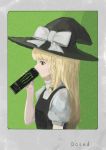  1girl absurdres blonde_hair border braid can drinking energy_drink english_text expressionless from_side green_background hat highres kirisame_marisa long_hair looking_to_the_side monster_energy product_placement shinkopeishon short_sleeves touhou white_border witch witch_hat 