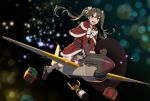  1girl aircraft aircraft_request airplane alternate_costume antlers black_legwear boots bottle capelet commentary dress full_body fur-trimmed_boots fur-trimmed_dress fur_trim gift green_eyes grey_hair hair_ribbon kantai_collection koubakotone long_hair open_mouth red_dress reindeer_antlers ribbon riding smile solo sparkle_background twintails white_ribbon zuikaku_(kantai_collection) 