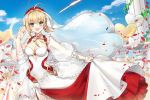  1girl :d balloon bangs blonde_hair blue_sky breasts cleavage clouds commentary_request day dress eyebrows_visible_through_hair fate/extra fate/extra_ccc fate_(series) fingernails glint green_eyes hair_between_eyes hand_up heart heart_balloon highres jewelry long_hair long_sleeves medium_breasts nail_polish nemovo nero_claudius_(bride)_(fate) nero_claudius_(fate)_(all) open_mouth outdoors petals pillar puffy_long_sleeves puffy_sleeves railing red_nails ring round_teeth see-through see-through_sleeves sky smile solo teeth upper_teeth veil white_dress 