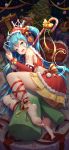  1girl ahoge artist_name bandaid_on_leg barefoot bell blue_eyes blue_hair blush_stickers bow catxuan christmas christmas_ornaments christmas_tree dated detached_sleeves earmuffs fang gift hair_bell hair_bow hair_ornament hatsune_miku headphones highres long_hair looking_at_viewer lying musical_note musical_note_print night on_side open_mouth santa_costume skirt solo spring_onion twintails very_long_hair vocaloid 