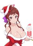  2girls bare_shoulders breast_envy breasts brown_hair christmas cleavage dress hair_ornament hat highres konno_junko large_breasts multiple_girls pipe red_eyes santa_costume santa_hat simple_background strapless strapless_dress ueyama_michirou white_background white_hair yuugiri_(zombie_land_saga) zombie_land_saga 