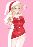  1girl alternate_costume blonde_hair blue_eyes blush breast_hold breasts cleavage commentary_request frown hat kantai_collection large_breasts long_hair looking_at_viewer mikage_takashi nelson_(kantai_collection) santa_costume santa_hat silhouette solo spoken_blush twitter_username 