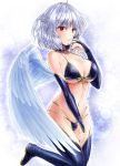  1girl bangs bare_shoulders bikini blue_background blue_bikini blue_footwear blue_gloves blue_nails boots braid breasts bridal_gauntlets choker cleavage commentary_request elbow_gloves eyebrows_visible_through_hair feathered_wings front-tie_bikini front-tie_top gloves hand_up kishin_sagume large_breasts looking_at_viewer nail_polish navel red_eyes silver_hair single_wing solo star string_bikini swimsuit thigh-highs thigh_boots touhou white_background white_wings wings y2 