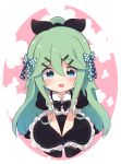  1girl alternate_costume bangs black_dress black_legwear black_ribbon blue_bow bow commentary_request dress full_body green_eyes green_hair hair_between_eyes hair_bow hair_ornament hair_ribbon hairclip highres kantai_collection long_hair looking_at_viewer no_nose parted_bangs polka_dot polka_dot_bow ponytail ribbon seiza sidelocks sitting solo suzuki_toto thigh-highs two-tone_background white_background yamakaze_(kantai_collection) 