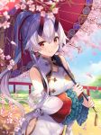  1girl bangs blue_sky blurry blurry_background blurry_foreground blush cherry_blossoms china_dress chinese_clothes closed_mouth clouds commentary_request day depth_of_field detached_sleeves dress eyebrows_visible_through_hair fate/grand_order fate_(series) flower gradient gradient_background hair_between_eyes hair_ribbon heroic_spirit_traveling_outfit high_ponytail hitsukuya holding holding_umbrella horns long_hair long_sleeves oni oni_horns oriental_umbrella outdoors petals pink_background pink_flower ponytail railing red_eyes red_ribbon red_umbrella ribbon sidelocks silver_hair sky sleeveless sleeveless_dress smile solo tomoe_gozen_(fate/grand_order) tree_branch umbrella very_long_hair white_background white_dress white_sleeves wide_sleeves 