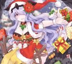 1girl antlers box breasts camilla_(fire_emblem_if) candy candy_cane choker cleavage fire_emblem fire_emblem_if flower food fur_trim gift gift_box hair_flower hair_ornament hair_over_one_eye hat lollipop long_hair nintendo open_mouth plushcharm pom_pom_(clothes) purple_hair red_hat reindeer_antlers santa_costume santa_hat snowflakes solo tiara twitter_username violet_eyes wristband 
