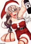  1girl bangs belt blush bottle breasts brown_eyes buckle commentary dress drunk eyebrows_visible_through_hair eyes_visible_through_hair fur-trimmed_dress gradient gradient_background grey_hair hair_between_eyes hat highres holding holding_bottle kantai_collection large_breasts leg_ribbon long_hair looking_at_viewer merry_christmas one_eye_closed open_mouth pola_(kantai_collection) red_dress red_ribbon ribbon santa_hat sazamiso_rx sidelocks signature simple_background skindentation smile solo strapless strapless_dress thick_eyebrows wavy_hair 