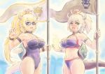  2girls :d banner bikini black-framed_eyewear blonde_hair blush bowsette bowsette_(cosplay) breasts collar commentary cosplay covered_navel d: earrings embarrassed english_commentary eyebrows_visible_through_hair fate/apocrypha fate/grand_order fate_(series) fingernails fire flag glasses holding horns jeanne_d&#039;arc_(alter)_(fate) jeanne_d&#039;arc_(fate) jeanne_d&#039;arc_(fate)_(all) jewelry kensaint large_breasts leotard lizard_tail looking_at_viewer super_mario_bros. midriff multiple_girls new_super_mario_bros._u_deluxe nintendo open_mouth pointy_ears ponytail purple_bikini purple_leotard smile studded_bracelet studded_collar super_crown swimsuit tail tokyo_mx type-moon yellow_eyes 