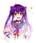  1girl :d choker cropped_torso ebisuzawa_kurumi elbow_gloves eyebrows_visible_through_hair floating_hair gakkou_gurashi! gloves hair_between_eyes hair_ribbon hand_on_hip long_hair looking_at_viewer mint5464 neck_ribbon open_mouth purple_hair red_eyes red_ribbon ribbon sailor_collar school_uniform shirt simple_background sketch sleeveless sleeveless_shirt smile solo striped striped_gloves twintails upper_body very_long_hair white_background white_shirt 