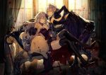  2girls artoria_pendragon_(all) bare_shoulders bent_over black_dress black_legwear blonde_hair bow bowtie braid breasts cleavage couch cup detached_sleeves dog dress drinking_glass elbow_gloves fate/grand_order fate_(series) flower formal gloves hair_flower hair_ornament high_heels jeanne_d&#039;arc_(alter)_(fate) jeanne_d&#039;arc_(fate)_(all) legs_crossed long_hair looking_at_viewer multiple_girls neck_ribbon nozaki_tsubata petals purple_dress ribbon rose_petals saber_alter silver_hair sitting smile sparkle thigh-highs vase very_long_hair window wine_glass yellow_eyes 