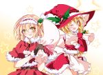  2girls :d ;d alice_margatroid bell blonde_hair blush braid brown_gloves capelet christmas commentary_request elbow_gloves eyebrows_visible_through_hair gloves gradient gradient_background hair_bell hair_ornament hairband hat highres ichimura_kanata kirisame_marisa looking_at_viewer multiple_girls one_eye_closed open_mouth puffy_short_sleeves puffy_sleeves red_gloves short_sleeves single_braid smile star starry_background touhou white_background witch_hat yellow_background yellow_eyes 