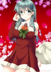  1girl aqua_eyes aqua_hair arm_support ascot bare_shoulders blush breasts christmas detached_collar detached_sleeves dress eyebrows_visible_through_hair gradient gradient_background green_ribbon hair_between_eyes hair_ornament hairclip hat kantai_collection light_particles long_hair looking_at_viewer medium_breasts orange_neckwear red_background red_dress ribbon sack santa_costume santa_hat smile snowflakes solo suzuya_(kantai_collection) tamagawa_yukimaru 