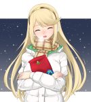  1girl bangs blonde_hair blush closed_eyes coat dolling60883582 earmuffs gift gloves mythra_(xenoblade) long_hair looking_at_viewer nintendo open_mouth scarf smile snow solo winter_clothes xenoblade_(series) xenoblade_2 