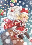 1girl :d absurdres blonde_hair blush box brown_legwear candy candy_cane chimney commentary_request dress food fur-trimmed_boots fur-trimmed_dress fur-trimmed_hat fur-trimmed_jacket fur-trimmed_legwear fur-trimmed_sleeves fur_hat fur_trim gift gift_box girls_frontline hands_up hat highres holding holding_sack jacket jacket_on_shoulders long_hair matsuo_(matuonoie) nagant_revolver_(girls_frontline) open_mouth red_dress red_eyes red_footwear red_hat sack smile snowflakes snowing solo star thigh-highs ushanka wide_sleeves 
