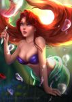  1girl absurdres ariel_(disney) bikini blue_eyes breasts bubble cleavage collarbone commentary disney english_commentary fingernails fork highres holding holding_fork islifer large_breasts lips long_hair mermaid monster_girl ocean parted_lips purple_bikini redhead solo swimsuit the_little_mermaid underwater upper_body watermark web_address 