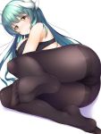  1girl black_bra black_panties blush bra dragon_horns eyebrows_visible_through_hair fate/grand_order fate_(series) feet green_hair hair_between_eyes hair_ornament highres horns indoors kiyohime_(fate/grand_order) long_hair panties panties_under_pantyhose pantyhose soles toes underwear yellow_eyes yuki_kawachi 