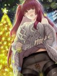  1girl aran_sweater bangs black_legwear blurry blurry_background blush bokeh breasts character_print christmas_tree clothes_lift depth_of_field dress eyebrows_visible_through_hair girls_frontline hair_ribbon highres large_breasts lifted_by_self long_hair long_sleeves looking_at_viewer night one_side_up open_mouth outdoors panties panties_under_pantyhose pantyhose piukute062 purple_hair red_eyes red_ribbon ribbon ribbon-trimmed_panties signature solo sweater sweater_dress sweater_lift tearing_up underwear very_long_hair wa2000_(girls_frontline) white_panties white_sweater 