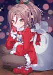  1girl brown_eyes brown_hair christmas gedoo_(gedo) gloves hair_between_eyes hair_ornament highres kantai_collection looking_at_viewer pantyhose ponytail santa_costume smile zuihou_(kantai_collection) 