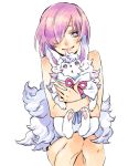  1girl animal bad_anatomy bare_shoulders blush breasts character_request chestnut_mouth fate/grand_order fate_(series) hair_over_one_eye holding holding_animal hoshino_lily looking_at_viewer mash_kyrielight pink_ribbon purple_hair ribbon short_hair simple_background sitting smile solo violet_eyes white_background 