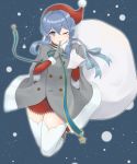  1girl alternate_costume blue_eyes blue_hair christmas finger_to_mouth gloves gotland_(kantai_collection) grey_gloves grey_robe hat highres holding holding_sack kantai_collection kodama_(user_rnfr3534) long_hair long_sleeves mole mole_under_eye one_eye_closed robe sack santa_costume santa_hat smile solo thigh-highs white_legwear 
