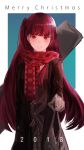  1girl 2018 absurdres bag bangs blue_background brown_hair brown_jacket cizzi commentary english_commentary eyebrows_visible_through_hair fringe_trim girls_frontline gloves grey_gloves highres holding jacket long_hair long_sleeves looking_at_viewer merry_christmas one_side_up parted_lips plastic_bag red_eyes red_scarf scarf shopping_bag smile solo two-tone_background very_long_hair wa2000_(girls_frontline) white_background 