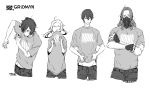  4boys borr copyright_name denim dressing fingerless_gloves gloves greyscale half_updo inozi jeans male_focus mask max_(ssss.gridman) messy_hair monochrome multiple_boys oversized_clothes oversized_shirt pants samurai_calibur shirt ssss.gridman t-shirt vit 