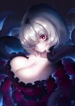  1girl 307_(aho307) big_hair breasts bright_pupils cleavage closed_mouth commentary_request dress eyebrows_visible_through_hair grey_hair hair_over_one_eye highres large_breasts looking_at_viewer original pale_skin red_dress red_eyes short_hair smile solo tentacle 