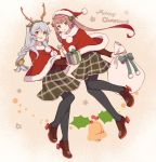  2girls alternate_costume asagumo_(kantai_collection) beige_background bell black_legwear braid brown_hair cape capelet full_body fur-trimmed_cape fur_trim grey_eyes grey_eyes hair_ribbon hat kantai_collection loafers long_hair merry_christmas multiple_girls pantyhose red_cape ribbon sack santa_hat shakemi_(sake_mgmgmg) shoes sidelocks silver_hair single_braid twintails wavy_hair yamagumo_(kantai_collection) 