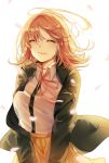  1girl alti_meizi beige_skirt black_jacket breasts closed_eyes closed_mouth dangan_ronpa eyebrows_visible_through_hair flipped_hair hair_between_eyes jacket jacket_lift large_breasts light_brown_hair nanami_chiaki open_clothes open_jacket out_of_frame pink_ribbon pleated_skirt ribbon shirt short_hair simple_background skirt smile solo super_dangan_ronpa_2 white_background white_shirt wind 
