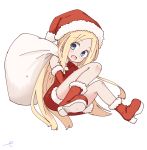  1girl :d abigail_williams_(fate/grand_order) alternate_costume bangs bare_shoulders blonde_hair blue_eyes blush christmas commentary_request dress elbow_gloves eyebrows_visible_through_hair fate/grand_order fate_(series) forehead full_body fur-trimmed_boots fur-trimmed_dress fur-trimmed_gloves fur-trimmed_hat fur_trim gloves hat head_tilt highres holding holding_sack kujou_karasuma long_hair open_mouth parted_bangs red_dress red_footwear red_gloves red_hat sack santa_costume santa_hat simple_background smile solo very_long_hair white_background 