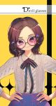  +_+ 1girl bangs bat_wings black_ribbon brown_eyes brown_hair closed_mouth collared_shirt commentary_request english_text forehead glasses hands_on_hips head_tilt highres kashu_(hizake) long_sleeves looking_at_viewer medium_hair neck_ribbon original parted_bangs purple_skirt ribbon round_eyewear shiny shiny_hair shirt shirt_tucked_in signature skirt smile solo standing striped striped_ribbon white_shirt wings yellow_background 