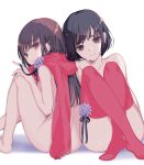  2girls ass bangs barefoot black_hair brown_eyes flower gin_(oyoyo) knees_to_chest long_hair looking_at_viewer multiple_girls naked_scarf nude original red_legwear scarf short_hair sitting smile thigh-highs 