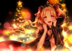  1girl :d arkray asymmetrical_sleeves bangs black_cape blonde_hair blush buckle cape christmas christmas_lights christmas_ornaments christmas_tree commentary_request detached_collar ereshkigal_(fate/grand_order) fate/grand_order fate_(series) fur-trimmed_cape fur_trim hair_ribbon highres jewelry long_hair looking_at_viewer multicolored multicolored_cape multicolored_clothes necklace open_mouth parted_bangs pine_tree red_cape red_eyes red_ribbon ribbon single_sleeve skull smile solo spine star tiara tree two_side_up 