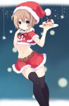  1girl absurdres black_legwear blanc blue_eyes blush brown_hair cake capelet christmas commentary_request crop_top expressionless food fur_trim hair_between_eyes hand_on_own_face highres holding holding_tray looking_at_viewer midriff navel neptune_(series) ramu-on@_shinon red_capelet red_skirt santa_costume short_hair skirt solo star thigh-highs tray 